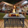 32 Inch Black Iron Fire Pit with Grill Pan Multifunctional Outdoor BBQ Grill and Ice Pit Rectangular Heater for Patio Lawn and Garden Warming Fire Bow