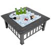 32 Inch Black Iron Fire Pit with Grill Pan Multifunctional Outdoor BBQ Grill and Ice Pit Rectangular Heater for Patio Lawn and Garden Warming Fire Bow