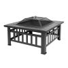 32 Inch Black Iron Fire Pit with Grill Pan Multifunctional Outdoor BBQ Grill and Ice Pit Rectangular Heater for Patio Lawn and Garden Warming Fire Bow